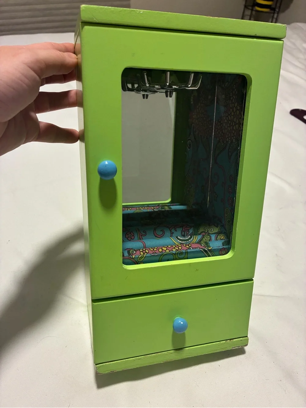Retro Lime Green Jewelry Armoire with Drawer and Mirror